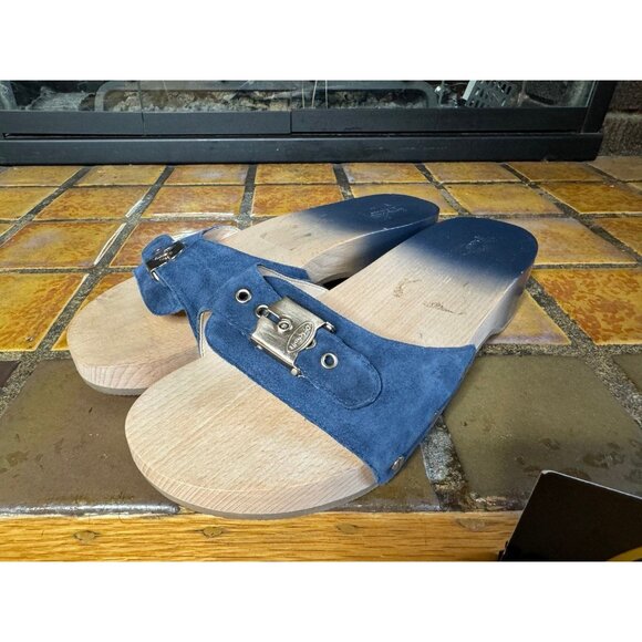 Women’s 10 Dr. Scholls Original Collection Blue Leather Wooden Orthopedic Clogs - Picture 3 of 8